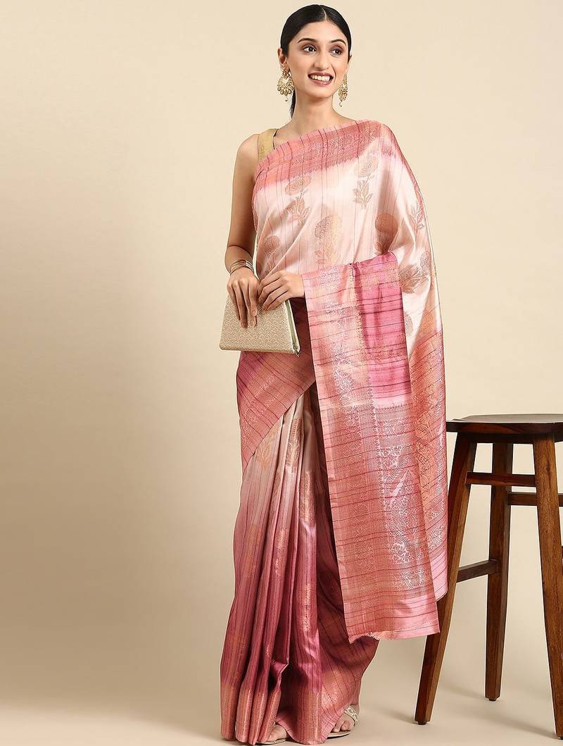 Pink & Gold-Toned Floral Zari Jute Cotton Baluchari Saree