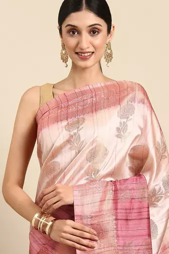 Pink & Gold-Toned Floral Zari Jute Cotton Baluchari Saree