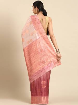 Pink & Gold-Toned Floral Zari Jute Cotton Baluchari Saree 3