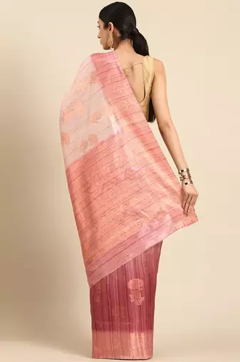 Pink & Gold-Toned Floral Zari Jute Cotton Baluchari Saree