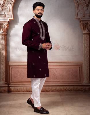 Wine color designer embroidered ceremonial special kurta payjama for mens' traditional looks 5