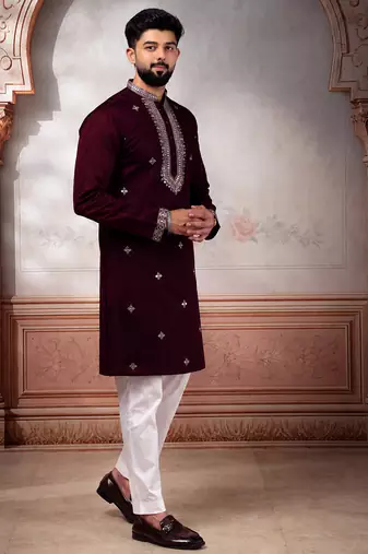 Wine color designer embroidered ceremonial special kurta payjama for mens' traditional looks