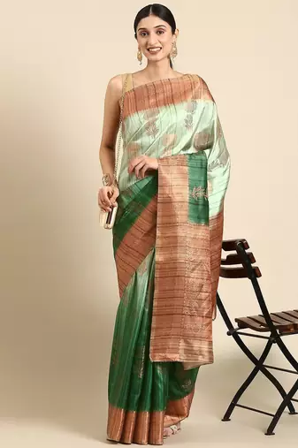 Green & Copper-Toned Ethnic Motifs Zari Jute Cotton Baluchari Saree