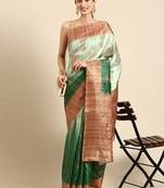 Green & Copper-Toned Ethnic Motifs Zari Jute Cotton Baluchari Saree