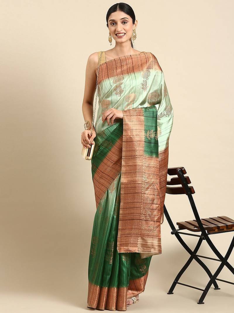 Green & Copper-Toned Ethnic Motifs Zari Jute Cotton Baluchari Saree