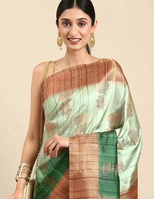 Green & Copper-Toned Ethnic Motifs Zari Jute Cotton Baluchari Saree 2