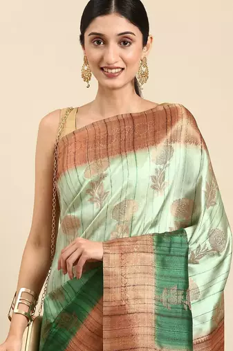 Green & Copper-Toned Ethnic Motifs Zari Jute Cotton Baluchari Saree