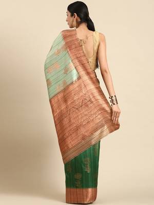 Green & Copper-Toned Ethnic Motifs Zari Jute Cotton Baluchari Saree 3