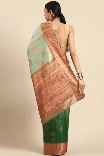 Green & Copper-Toned Ethnic Motifs Zari Jute Cotton Baluchari Saree