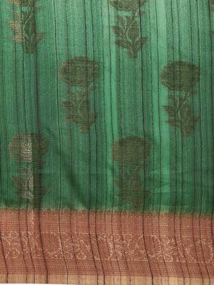 Green & Copper-Toned Ethnic Motifs Zari Jute Cotton Baluchari Saree 4