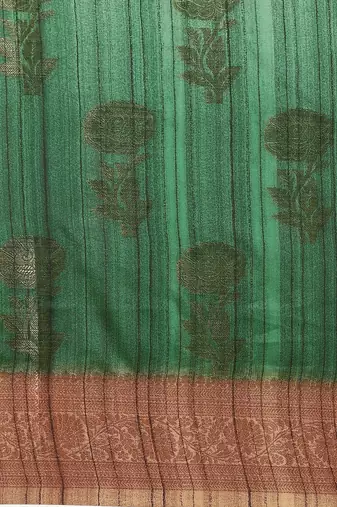 Green & Copper-Toned Ethnic Motifs Zari Jute Cotton Baluchari Saree