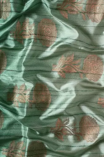 Green & Copper-Toned Ethnic Motifs Zari Jute Cotton Baluchari Saree