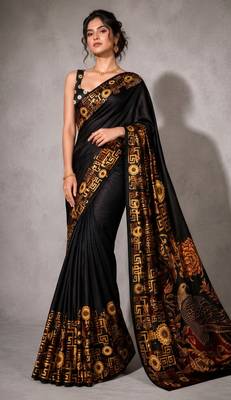 Black color smart and designer printed ready to wear satin saree 1
