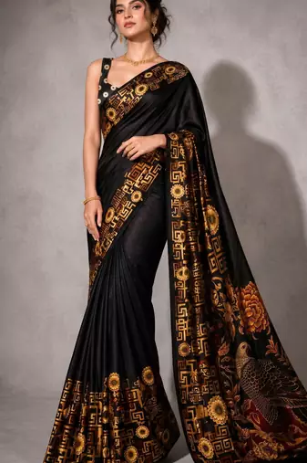Black color smart and designer printed ready to wear satin saree
