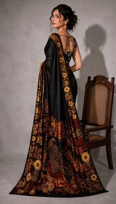 Black color smart and designer printed ready to wear satin saree 2