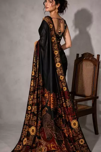 Black color smart and designer printed ready to wear satin saree