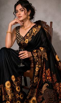 Black color smart and designer printed ready to wear satin saree 3