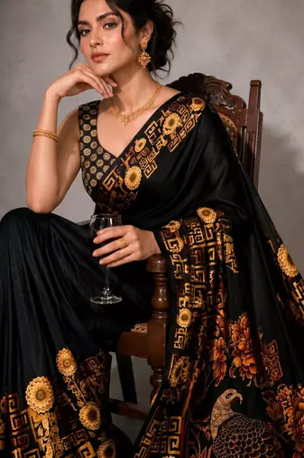 Black color smart and designer printed ready to wear satin saree
