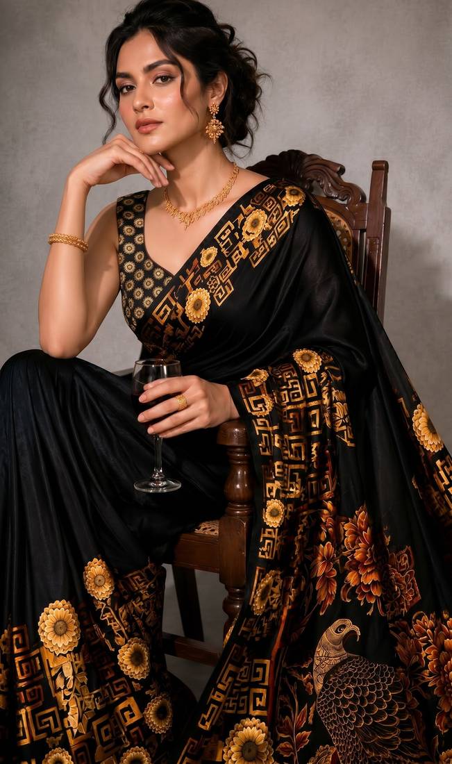 Black color smart and designer printed ready to wear satin saree