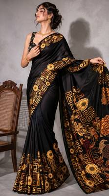 Black color smart and designer printed ready to wear satin saree 4