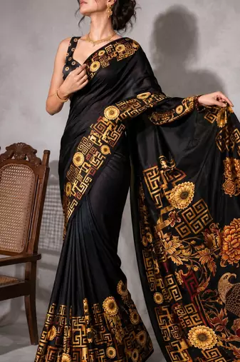 Black color smart and designer printed ready to wear satin saree