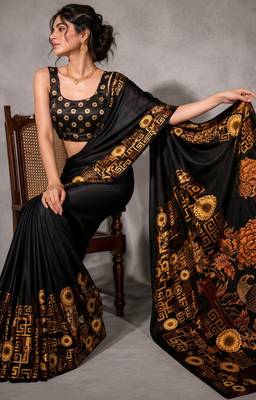 Black color smart and designer printed ready to wear satin saree 5