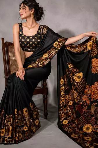Black color smart and designer printed ready to wear satin saree