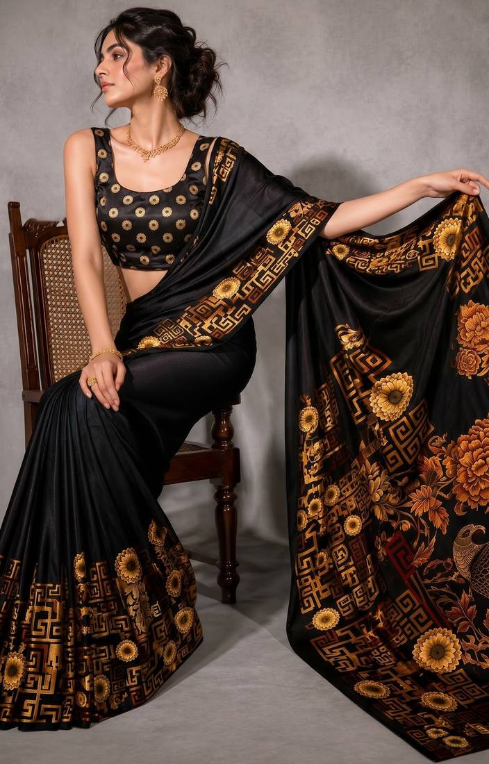 Black color smart and designer printed ready to wear satin saree