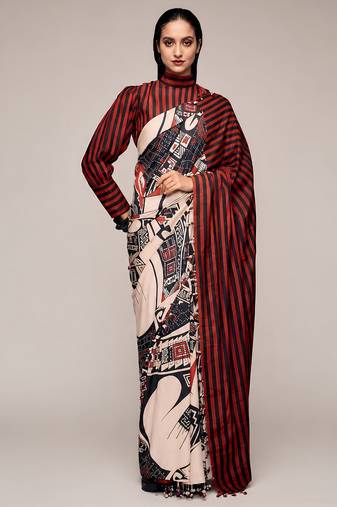 Black color smart and designer printed ready to wear satin saree