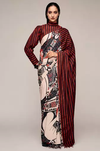 Black color smart and designer printed ready to wear satin saree