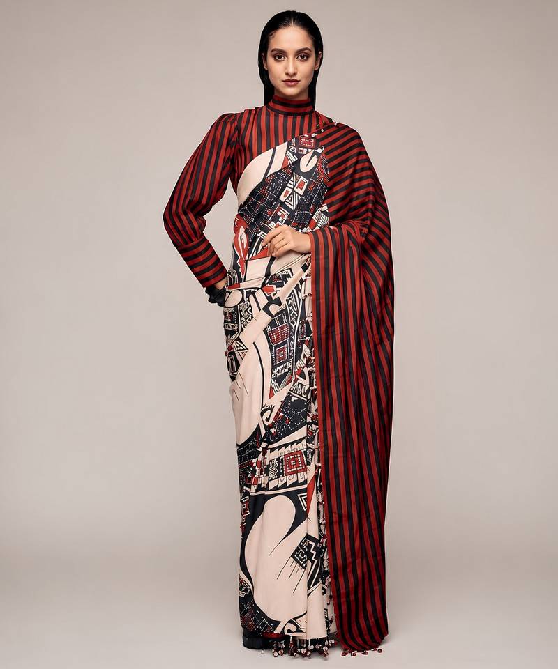 Black color smart and designer printed ready to wear satin saree