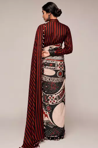 Black color smart and designer printed ready to wear satin saree