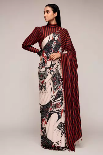 Black color smart and designer printed ready to wear satin saree