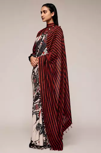 Black color smart and designer printed ready to wear satin saree