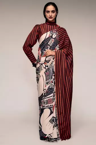 Black color smart and designer printed ready to wear satin saree