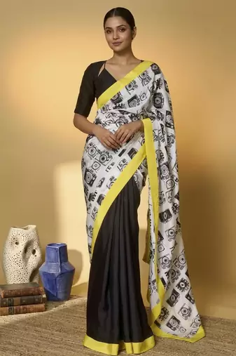 Black color smart and designer printed ready to wear satin saree