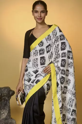 Black color smart and designer printed ready to wear satin saree