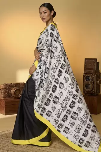 Black color smart and designer printed ready to wear satin saree