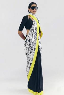 Black color smart and designer printed ready to wear satin saree 5