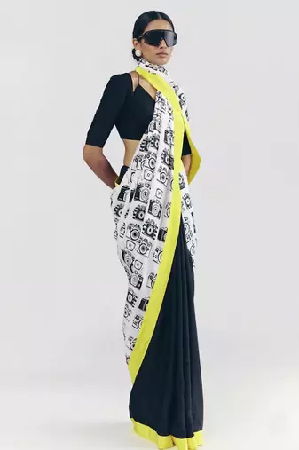 Black color smart and designer printed ready to wear satin saree