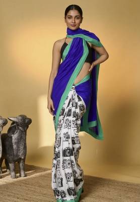 Blue color smart and designer printed ready to wear satin saree 1