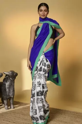 Blue color smart and designer printed ready to wear satin saree