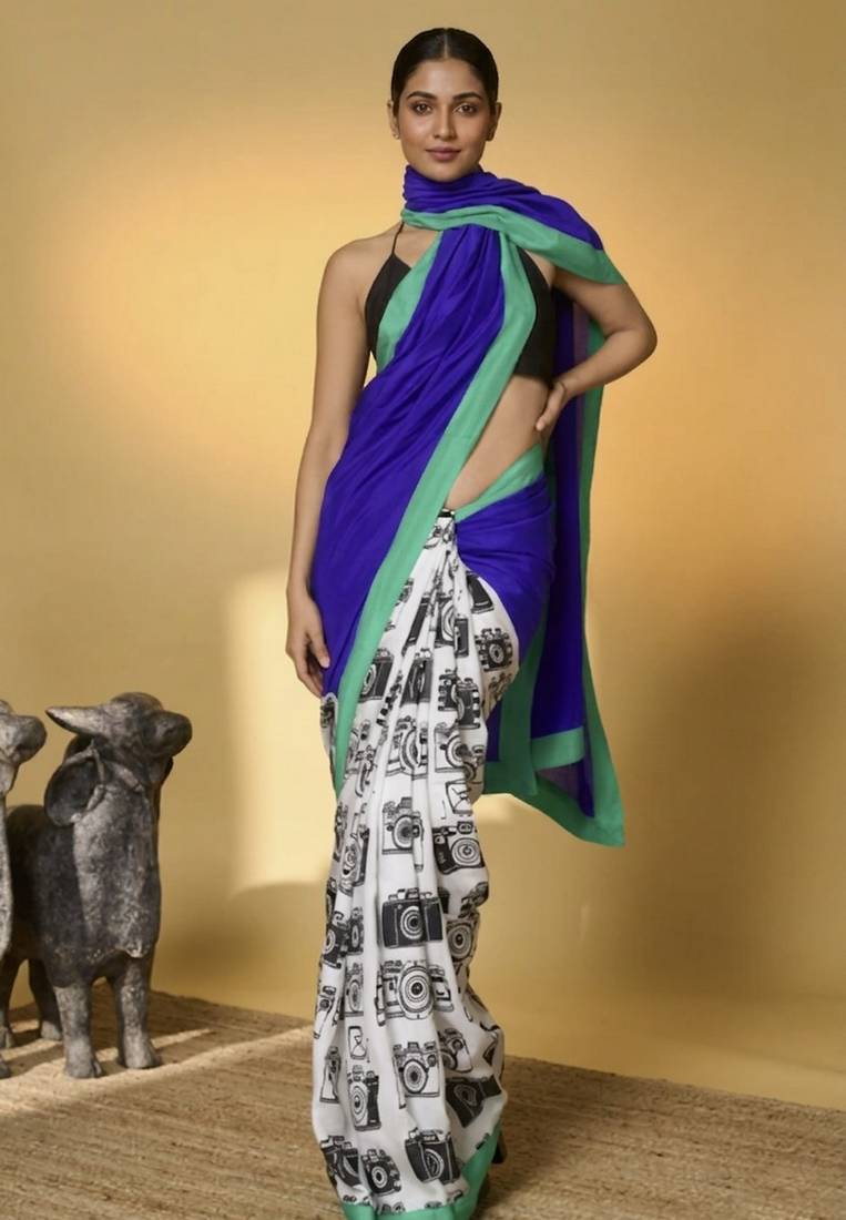 Blue color smart and designer printed ready to wear satin saree