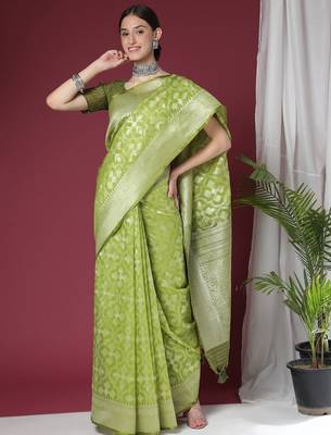 Ethnic Motifs Woven Design Zari Pure Linen Jamdani Saree 1