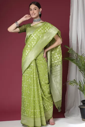 Ethnic Motifs Woven Design Zari Pure Linen Jamdani Saree