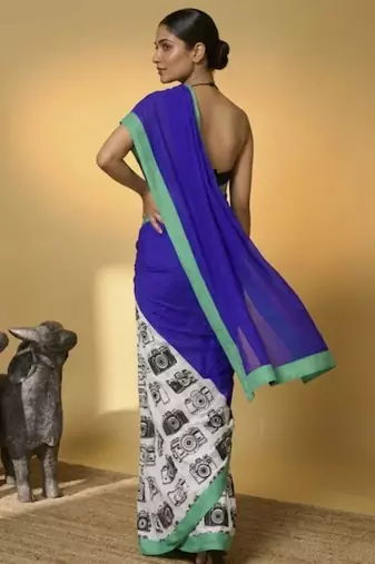 Blue color smart and designer printed ready to wear satin saree