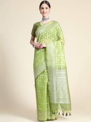 Ethnic Motifs Woven Design Zari Pure Linen Jamdani Saree 2