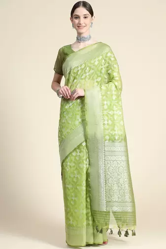 Ethnic Motifs Woven Design Zari Pure Linen Jamdani Saree