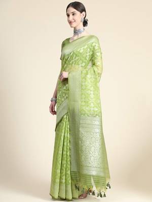 Ethnic Motifs Woven Design Zari Pure Linen Jamdani Saree 3