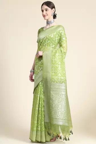 Ethnic Motifs Woven Design Zari Pure Linen Jamdani Saree
